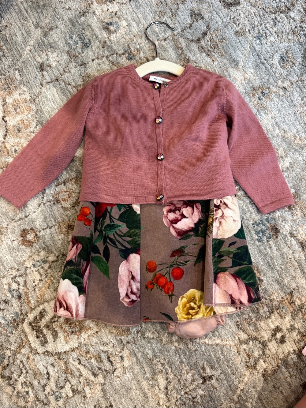 NWT Dolce & Gabbana Baby Floral Velvet Dress, Bloomers & Wool Cardigan 6-9